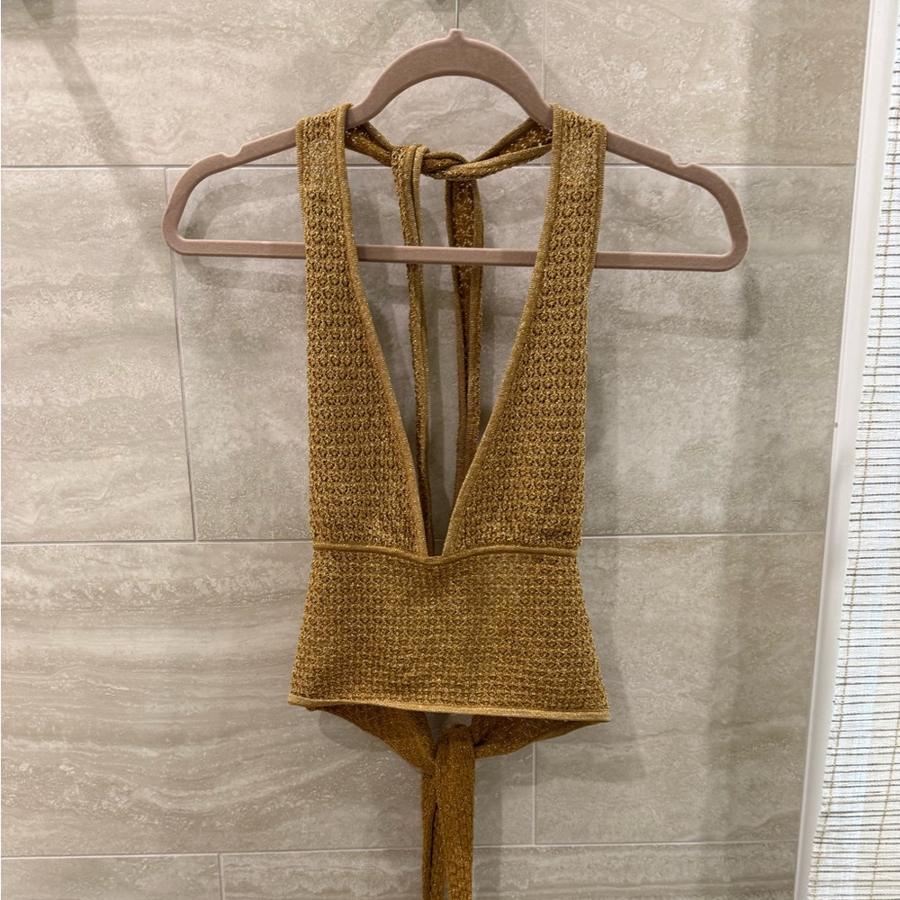 Monday Swimwear Gold Knit Halter Top Small Brand New